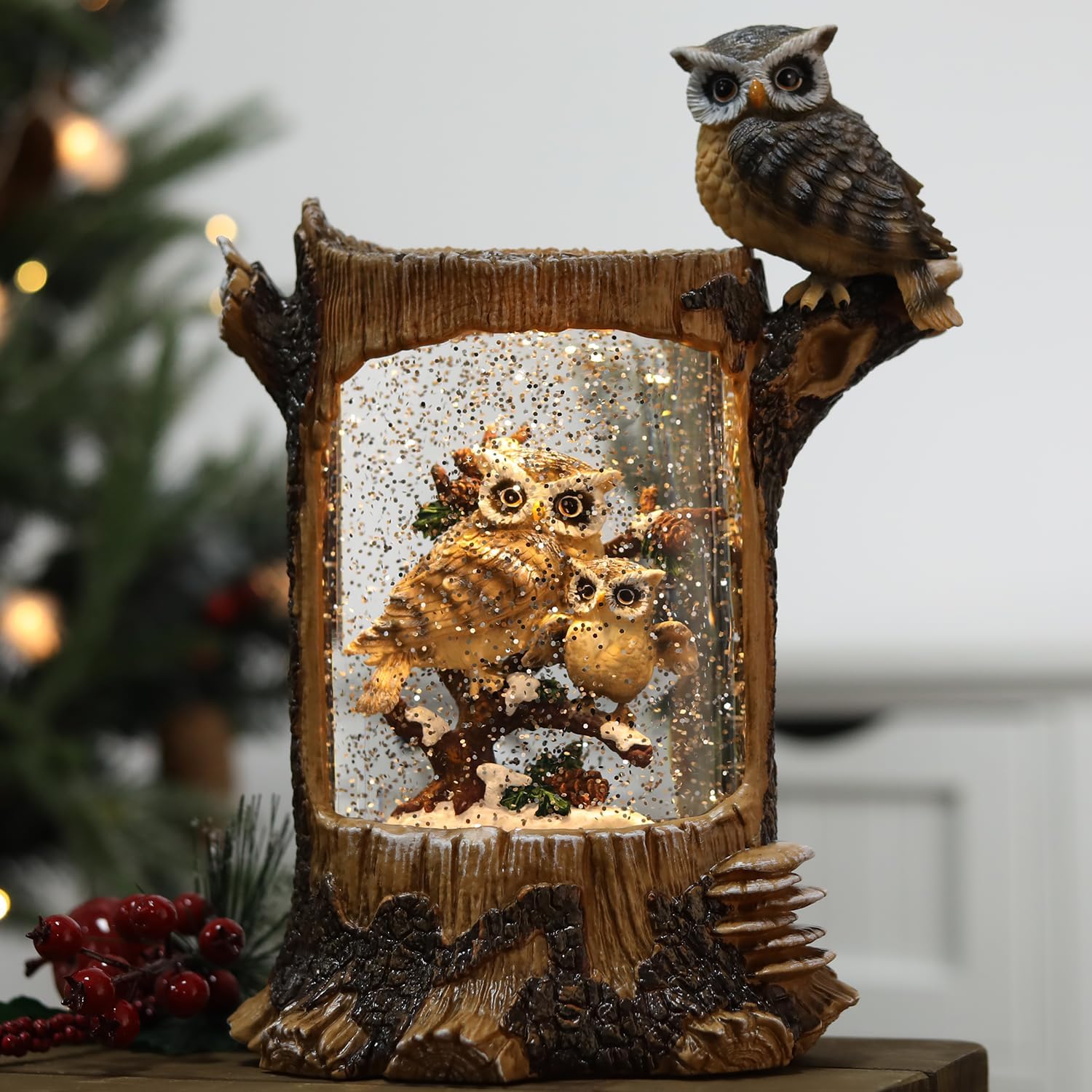 Home Decor Collection - Christmas Owl Family Snow Globe with