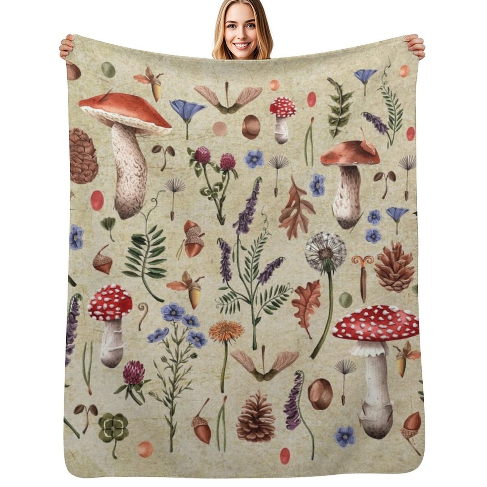 Neutral Throw Blanket - Retro botanical mushrooms, wildflowers d??cor, neutral