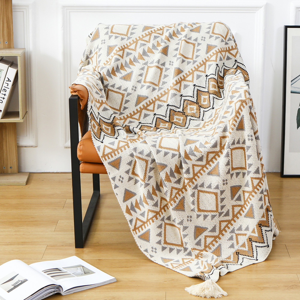 Neutral Throw Blanket - Bohemian Geometric Throw Blanket with Tassels