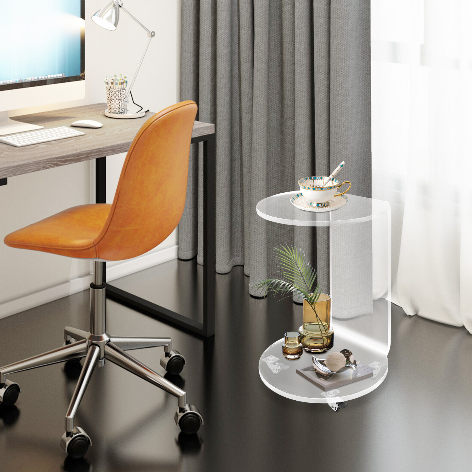 Home Decor On Wheels - C-Shaped Round Acrylic Side Sofa Table
