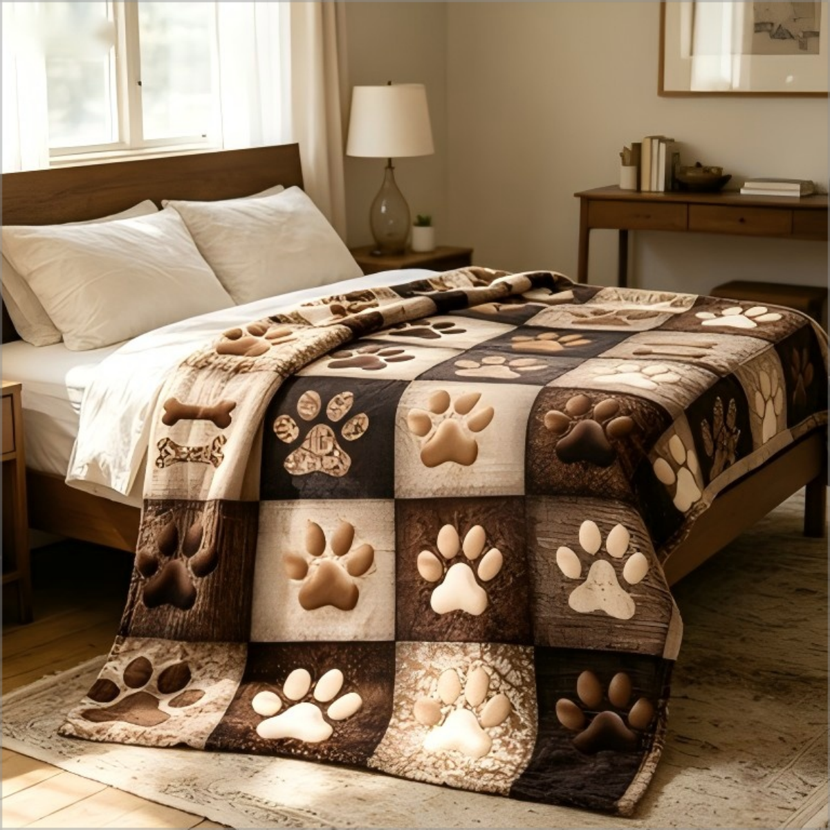 Neutral Throw Blanket - Rustic Dog Paw Print Patchwork Throw
