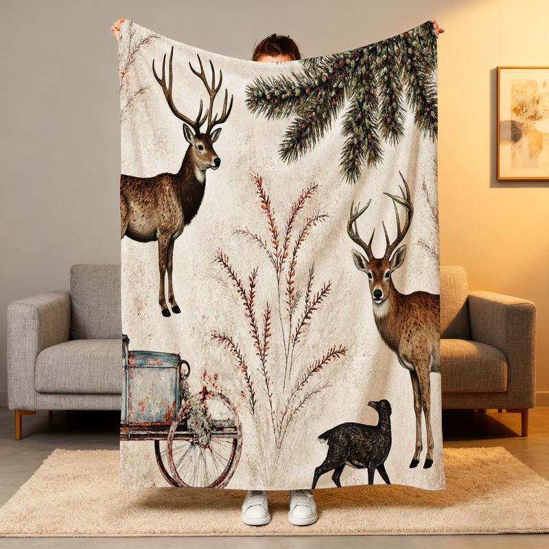 Rustic Winter Deer & Blue Cart – Neutral Throw Blanket recenzja i cena