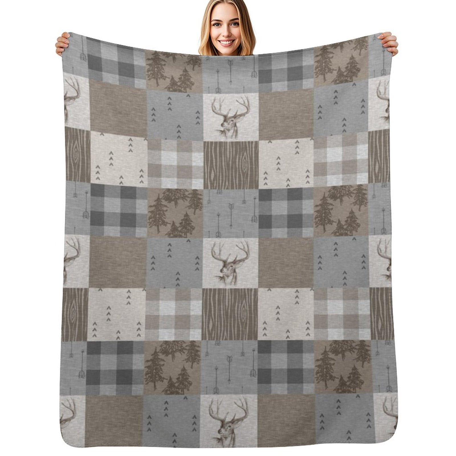 Deer Patchwork - Rustic Neutra – Neutral Throw Blanket recenzja i cena