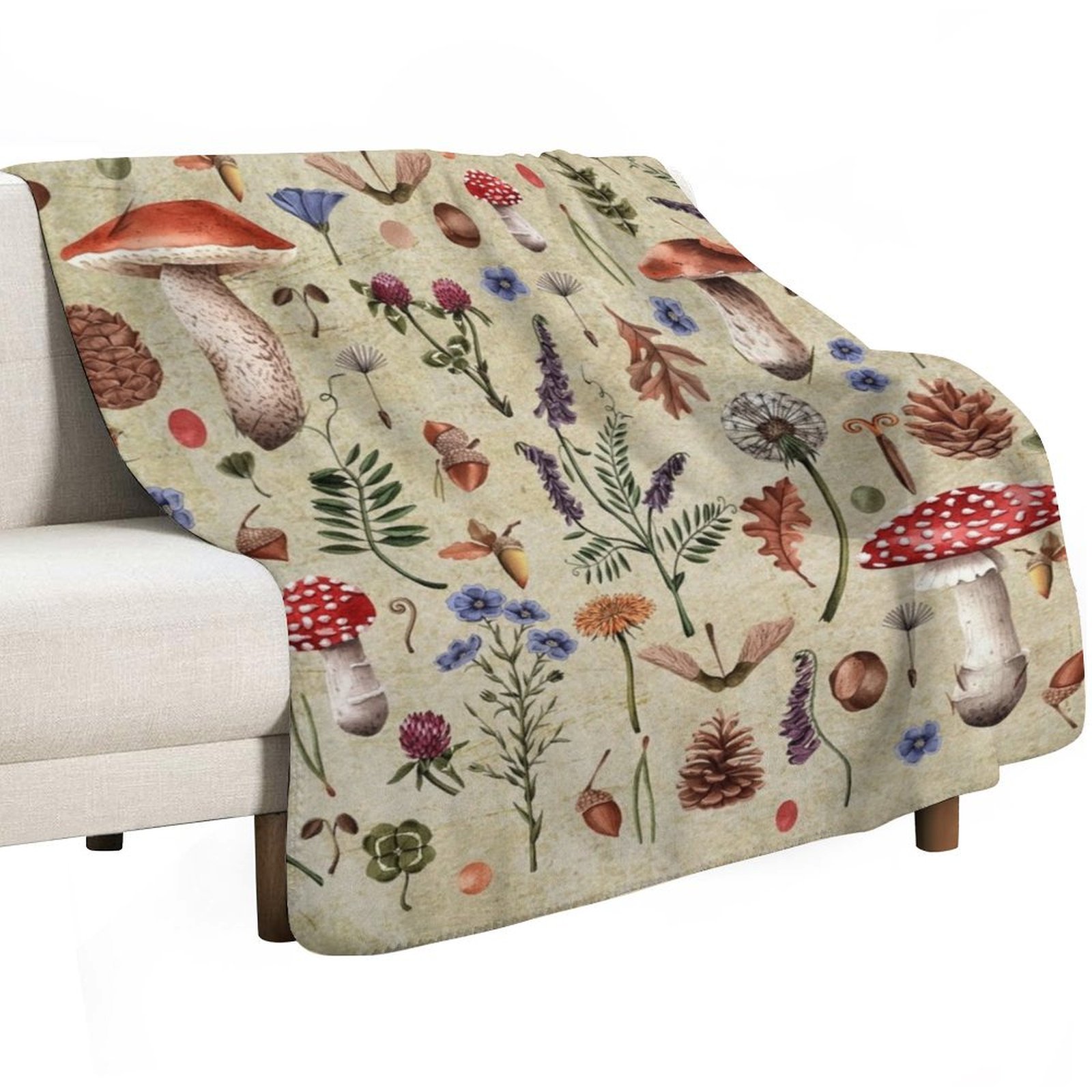 Retro botanical mushrooms, wil – Neutral Throw Blanket recenzja i cena