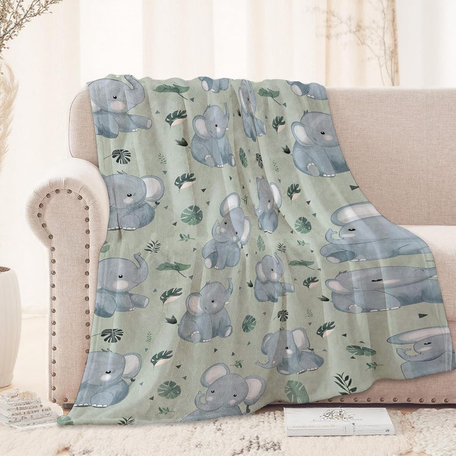 VIKAMA Sage Green Baby Elephan – Neutral Throw Blanket recenzja i cena