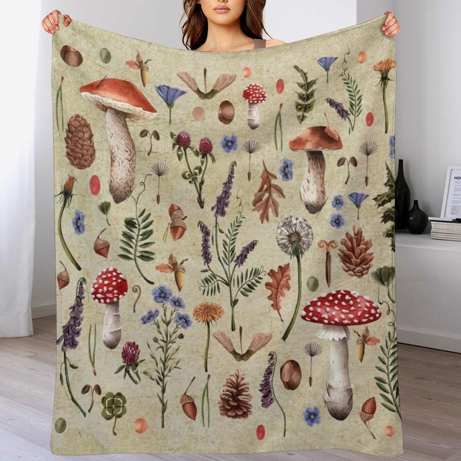 Retro botanical mushrooms, wil – Neutral Throw Blanket recenzja i cena