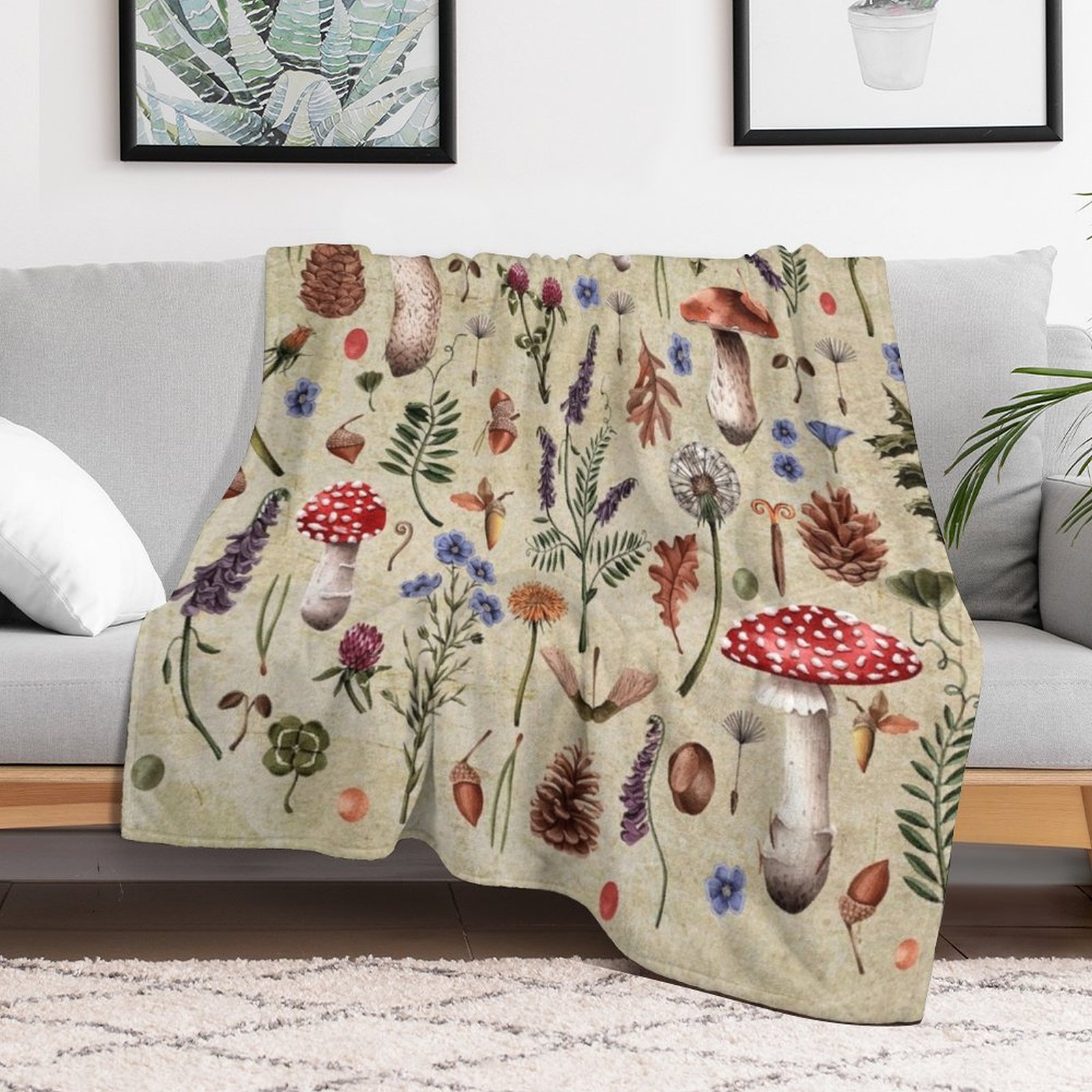 Retro botanical mushrooms, wil – Neutral Throw Blanket recenzja i cena
