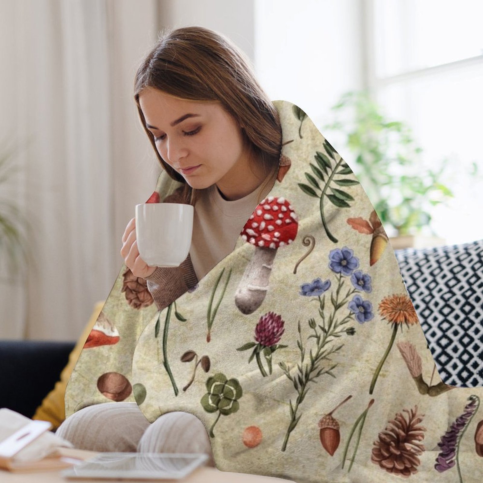 Retro botanical mushrooms, wil – Neutral Throw Blanket recenzja i cena